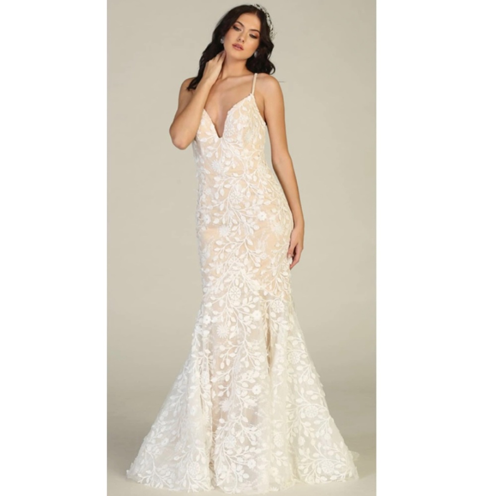 Ivory Embroidered Gown Nude w/ Lace Formal Bridal Special Occasion Prom Size 10